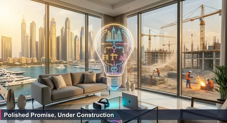 Sunlit Dubai Marina show apartment interior with marble floors, laptop and VR headset on a coffee table; floor-to-ceiling window reflecting cranes and active construction outside.