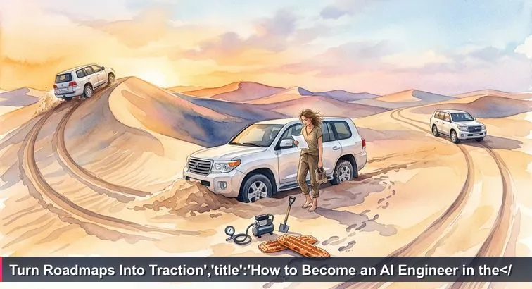 A white 4x4 stuck nose-first in a Dubai sand dune at golden hour; tyre tracks fade on the ridge, driver stands barefoot holding shoes and a crumpled “Desert Driving Tips” sheet.