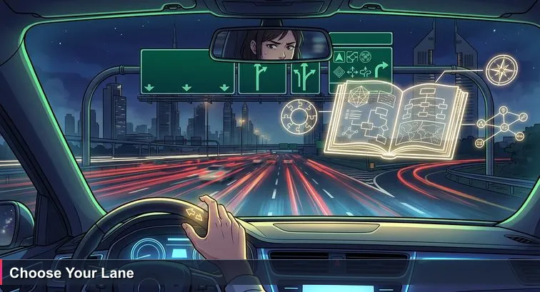 Night-time view from inside a car on Sheikh Zayed Road showing glowing dashboard, six lanes, green overhead signs for Abu Dhabi, Jebel Ali, Sharjah, and a driver hesitating to change lanes.