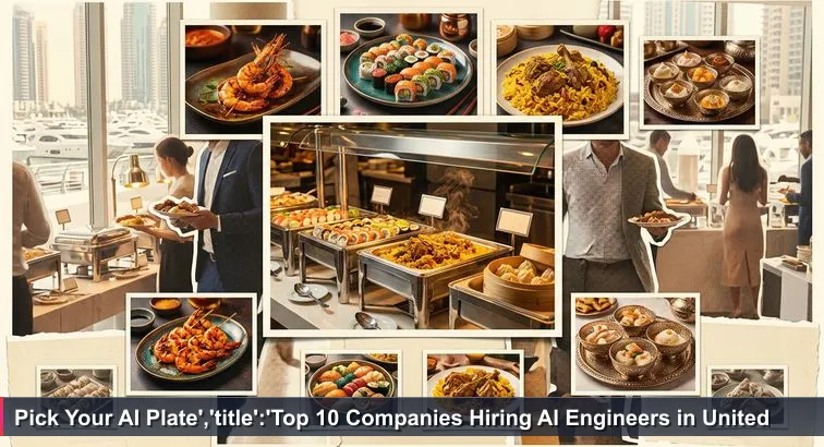 A crowded Dubai Marina brunch buffet with stainless-steel chafing dishes, diners selecting plates, and a small sign reading “Chef’s Top 10 Dishes” amid steaming unlabeled trays.