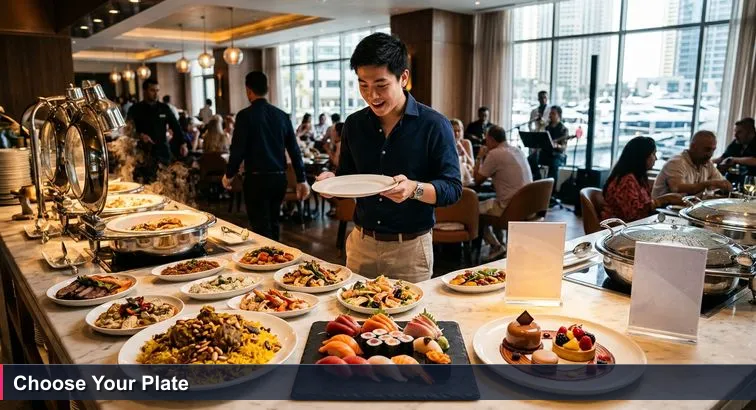 A young professional at a packed Dubai brunch, empty plate in hand, frozen between buffet tables; an acrylic sign reads “Chef’s Top 10 Must-Try Dishes.” Warm hotel lighting.