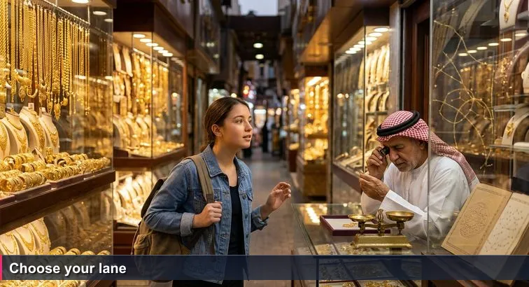 Dusk view of a narrow Deira Gold Souk corridor with glittering jewelry shop windows, a young shopper hesitating, and an older Emirati jeweler examining a ring with a loupe and scale.