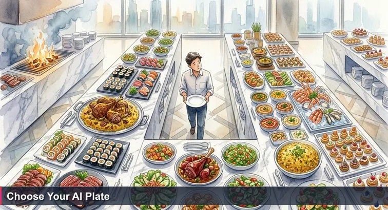 Overhead shot of a lavish Dubai Friday brunch buffet with gleaming chafing dishes, a live grill, sushi and ouzi; a single diner frozen mid-step holding an empty plate, scanning the spread.