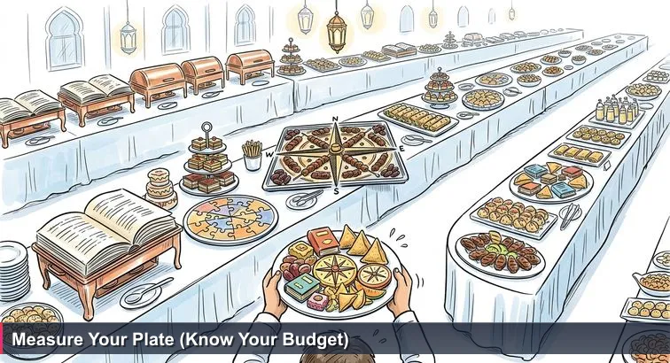 Overhead shot of a lavish Dubai iftar buffet with copper chafing dishes; a young professional in work clothes holds an overflowing white plate in the foreground, Dubai skyline visible through hotel windows.