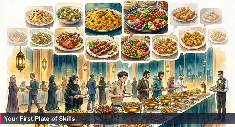 A crowded Ramadan iftar buffet in a Dubai hotel with long tables of food; a young person pauses with an almost-empty plate, while library and tech workshop icons float subtly in the background.