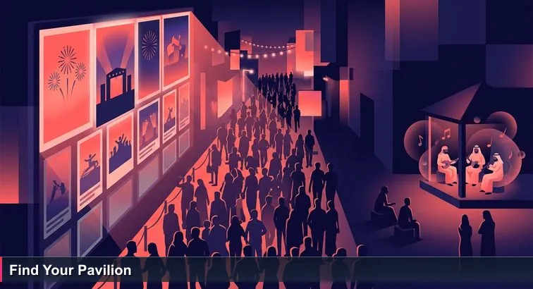 Night at Dubai Global Village: crowds under a giant ‘Top 10 Shows Tonight’ screen while a quiet pavilion hosts an Emirati band, symbolizing choice among popular and overlooked options.