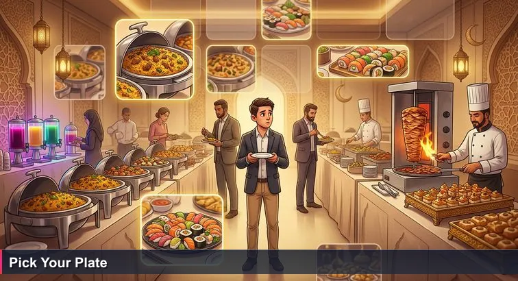 A crowded Ramadan iftar buffet in a Dubai hotel ballroom; a young guest stands in the foreground holding an empty plate, chefs grilling in the background and Dubai lights beyond the windows.