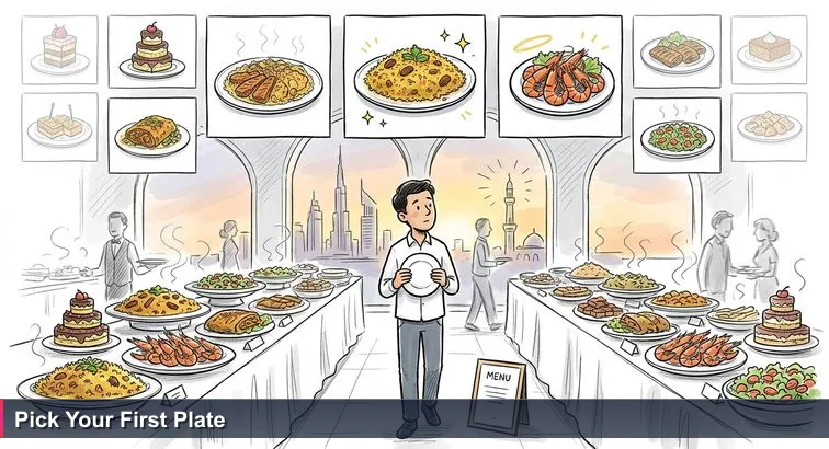 Ramadan iftar buffet in a Dubai hotel: crowded tables of dishes in warm evening light, a single person holding an empty white plate staring at a sign reading “Chef’s Top 10 Dishes Tonight”.
