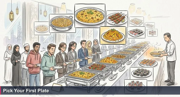 Iftar buffet in a Dubai hotel with people in abayas, hoodies, and suits choosing dishes; a printed card reads “Chef’s TOP 10 Dishes Tonight” and a chef adds an unlabelled steaming dish at the end.