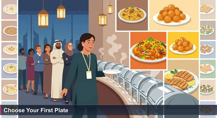A young professional woman at a busy Ramadan iftar buffet in Downtown Dubai, conference lanyard visible, holding an empty plate and deciding between steaming chafing dishes of biryani, grills and desserts.