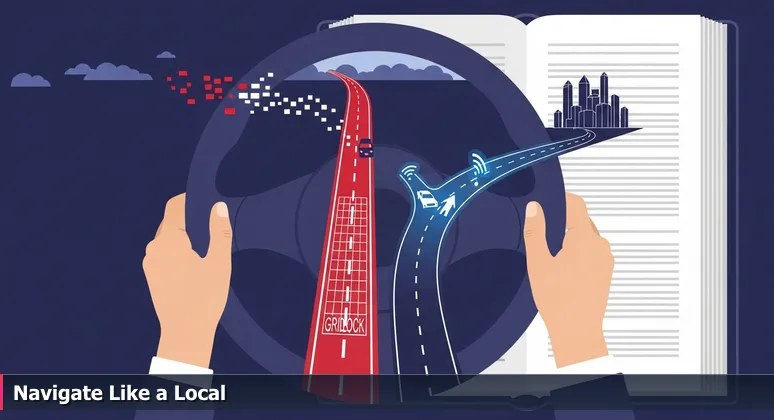 A driver's hands on a steering wheel at dusk, paused at a fork with a glitching GPS, choosing between a congested interstate and a local shortcut leading to Cincinnati's illuminated skyline.