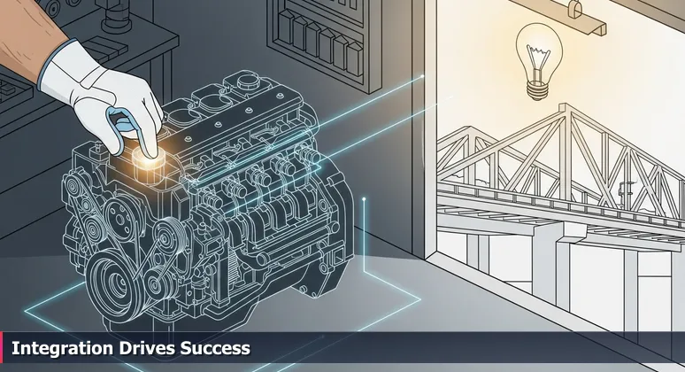 A mechanic's skilled hands adjusting a precision diesel engine in a workshop, with a bridge in the background, symbolizing Cincinnati's robust and integrated tech ecosystem.