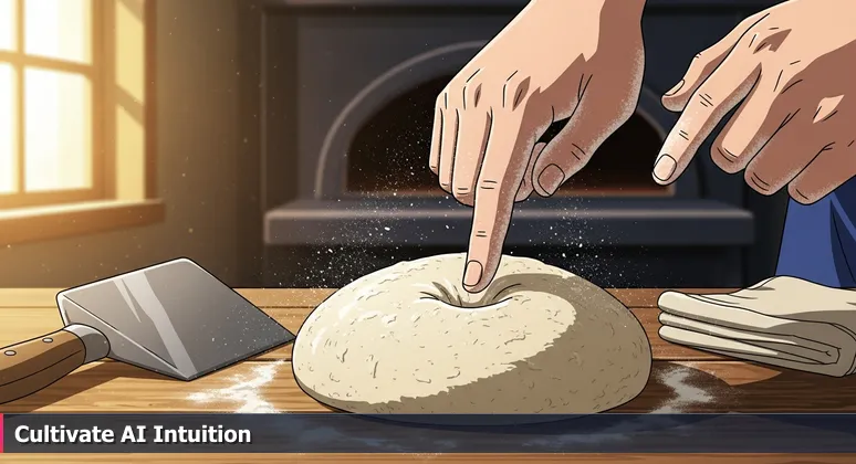 Hands pressing into proofing sourdough dough, symbolizing the intuitive learning process for AI engineering in Cincinnati.