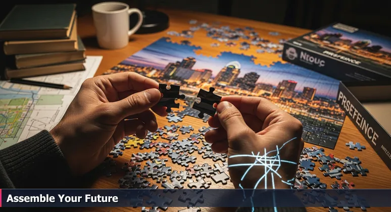 Close-up of hands holding two puzzle pieces against a table with scattered pieces, with a puzzle box showing the Cincinnati skyline, symbolizing the assembly of funding for tech training.