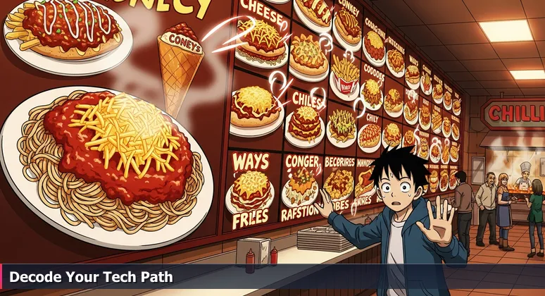 A person in a Cincinnati chili parlor looking confused at a large menu board with chili options, symbolizing the overwhelm of choosing a tech career path.