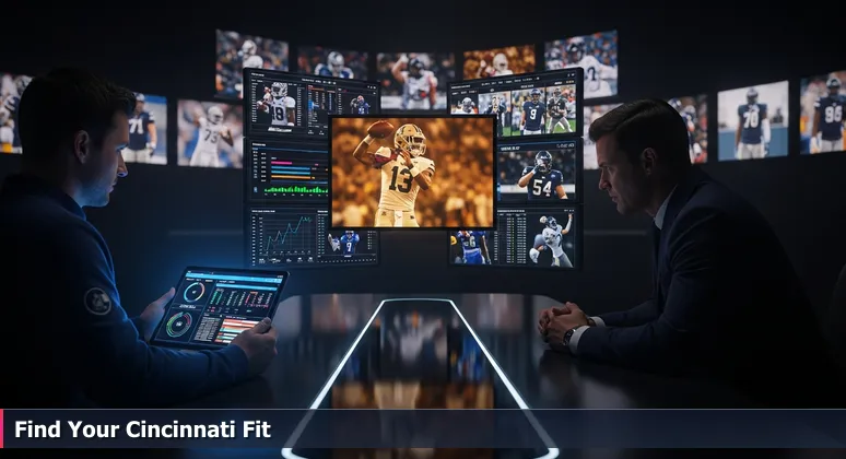 An illustration of a 2026 NFL draft war room in Cincinnati, with a scout analyzing data on a tablet and a general manager focused on a grainy football highlight reel, symbolizing bootcamp selection based on fit.