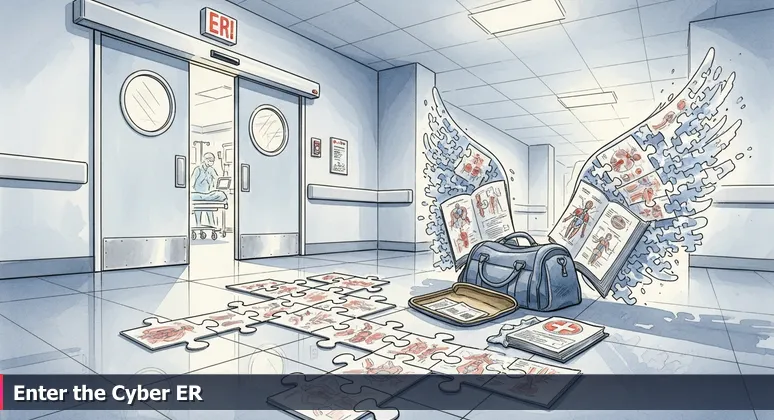 Swinging hospital doors revealing a chaotic emergency room scene, symbolizing the transition into high-stakes cybersecurity work in Cincinnati.
