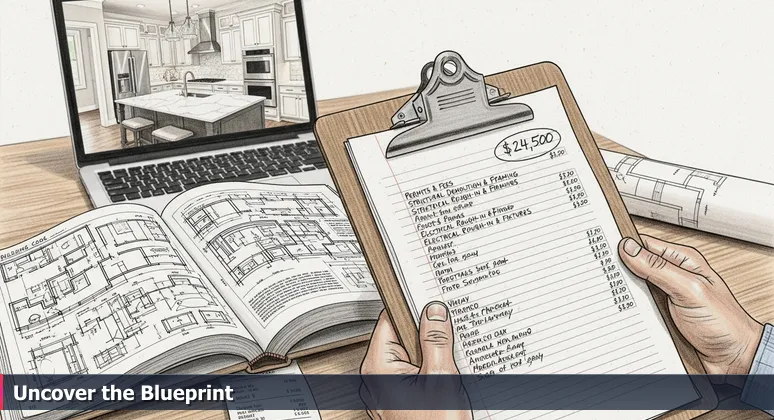 Hands holding a contractor's clipboard with an itemized quote for a renovation, showing hidden costs like permit fees, with a blurred staged photo on a laptop in the background.