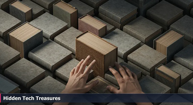 Hands discovering a worn book at a Cincinnati garage sale, symbolizing hidden free tech training opportunities in local public spaces.