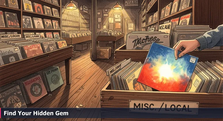A hand pulls a bright album sleeve from a dusty vinyl crate in a vintage Cincinnati record store, symbolizing hidden job opportunities.