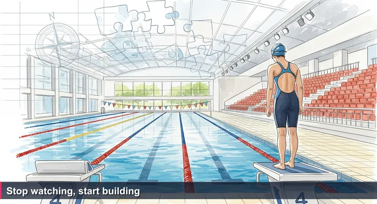 A young swimmer stands on the starting block at Singapore Sports Hub, hands gripping the edge, the pool perfectly still, symbolizing the gap between theory and practice in starting an AI career.