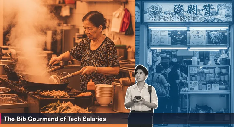A young tech professional at a Singapore hawker centre, torn between two long queues at char kway teow stalls, one with a Bib Gourmand sticker.