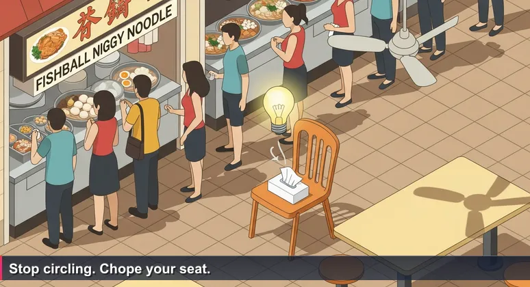 A busy Singapore hawker centre at lunchtime with an empty plastic chair and a tissue pack 'chope' marker on a table.