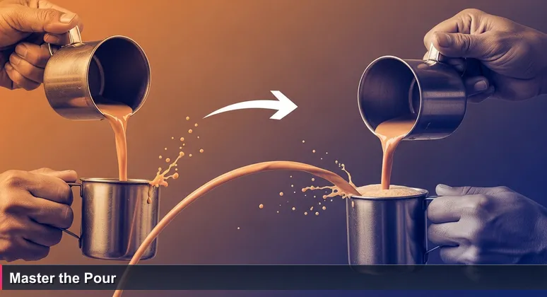 Close-up of a hawker uncle's hands expertly pouring teh tarik between two tin mugs while a younger person struggles, symbolizing the gap between learning and mastery in AI engineering.