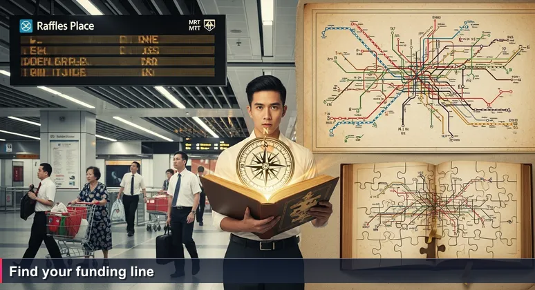 A young professional stands at a crowded MRT interchange, staring at a large electronic route board with multiple train lines, while commuters walk briskly past. The person holds a smartphone, appearing anxious yet determined.