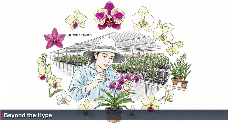 A horticulturist in Singapore's orchid garden carefully pollinating a Vanda orchid with a fine brush, with labeled hybrid tags in the background.