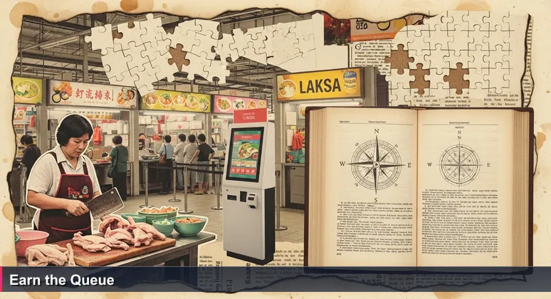 A busy hawker centre with a long queue at a chicken rice stall and an empty automated laksa kiosk beside it.