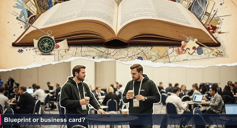 Two engineers in company hoodies stand at a round table in a busy convention hall; one checks his watch while the other looks at a name tag, surrounded by blurred attendees with lanyards.