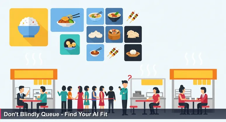 A young professional hesitating between two hawker stalls at lunch rush; one stall has a long queue, the other is empty, symbolising the choice between popular and unknown AI job opportunities.