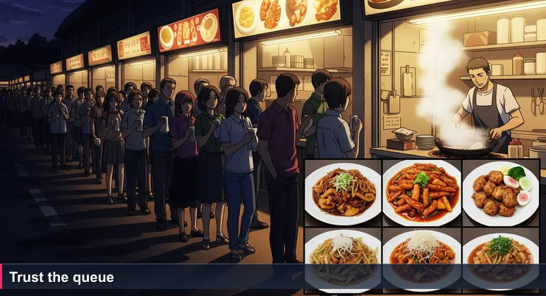 Hawker centre scene with a long queue, steam from woks, empty stalls, conveying the trust and anticipation of choosing the best AI bootcamp.