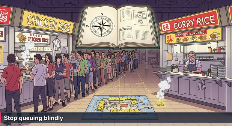 A Singapore hawker centre with a long queue at a chicken rice stall and an empty curry rice stall nearby, representing cybersecurity job seekers missing hidden opportunities.