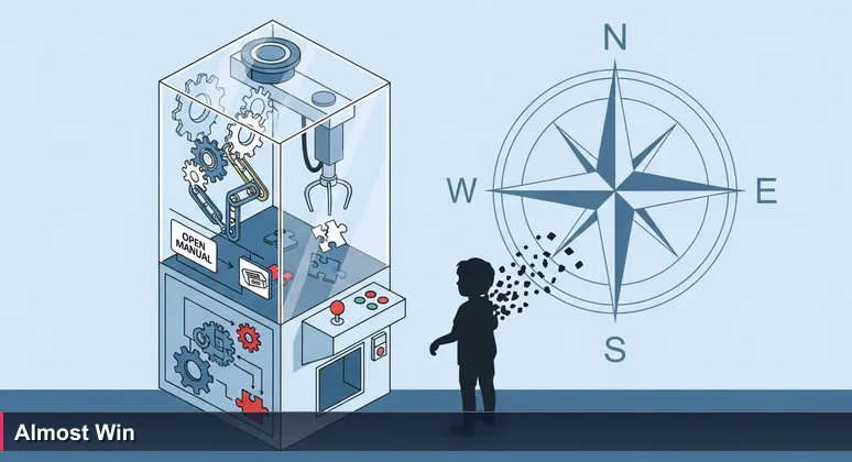 Claw machine gripping a plush toy with a loose claw over the drop chute, symbolizing the struggle to afford Singapore's high cost of living despite high tech salaries.