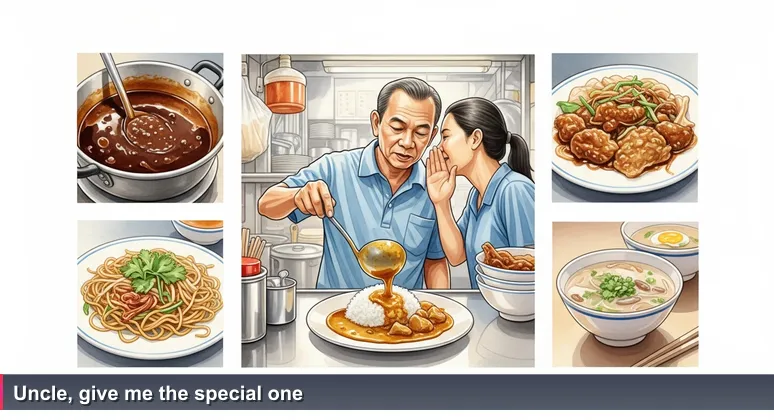 A middle-aged hawker uncle at a busy stall hands a small pot of dark gravy to a customer who leans in, symbolizing the secret knowledge of hidden tech training opportunities.