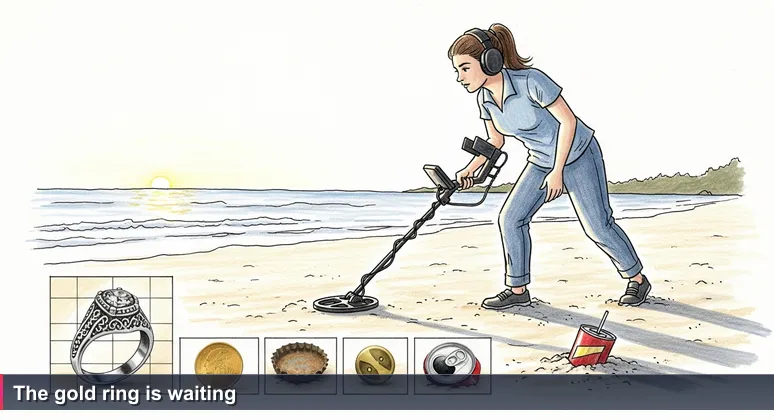 A woman using a metal detector on East Coast Park beach at sunset, scanning the sand with headphones on.