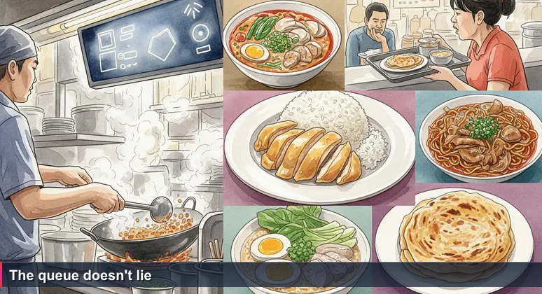 A hawker centre lunch rush with steam rising from a wok, a digital queue number display, and a customer balancing a tray near the stall.