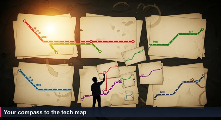 Young professional at Raffles Place MRT station, looking up at a large system map with a confused expression, tracing a finger along colored lines.