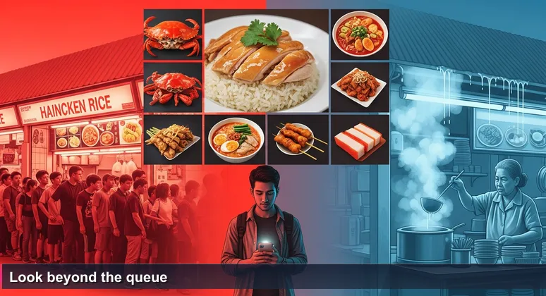 A young professional at a Singapore hawker centre, looking at two stalls: one with a long queue, another quiet with steam rising, representing overlooked job opportunities.