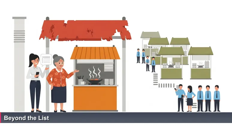 A young professional standing under a hawker centre canopy, holding phone with a top 10 list, while an older woman gestures towards an unlisted stall with steam rising, small queue of office workers.