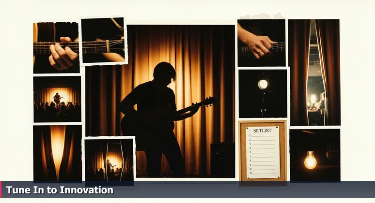 A musician tuning a guitar backstage at an intimate venue in downtown Clarksville, symbolizing the careful preparation and focus of emerging AI startups in the region.