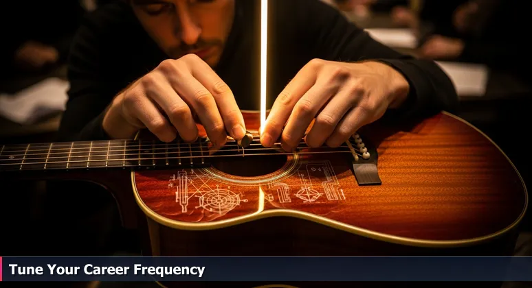 Close-up of a musician's hands tuning a guitar in a crowded room, representing focused AI career development in Clarksville, TN's noisy job market.