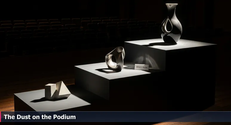 An empty game show stage with three podiums labeled 1st, 2nd, 3rd, dust on the top podium, and a forgotten name card, representing the context beyond salary rankings in Clarksville's tech scene.