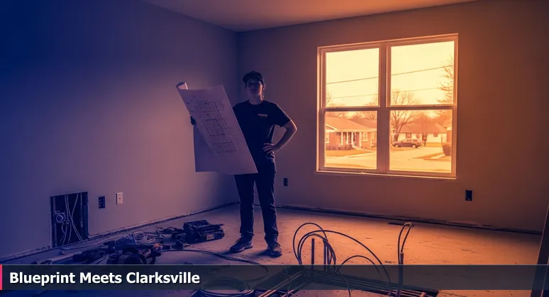 A determined person in Clarksville holding an AI engineering blueprint in a construction-like room with exposed wires and pipes, overlooking a street, symbolizing the transition from plan to practice.