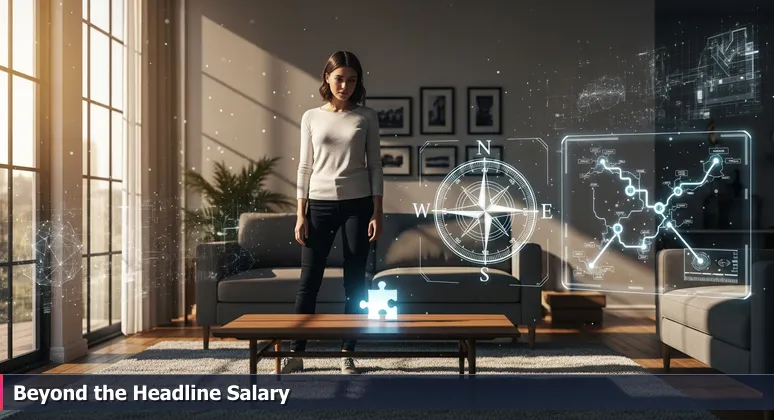 A thoughtful AI professional in a sunlit modern Clarksville home, evaluating salary data on a tablet, symbolizing the calculation of net value in career decisions.