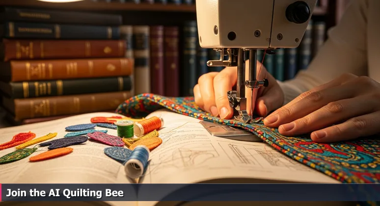 Hands sewing fabric patches on a sewing machine, symbolizing AI community collaboration and networking in Clarksville, Tennessee for 2026.