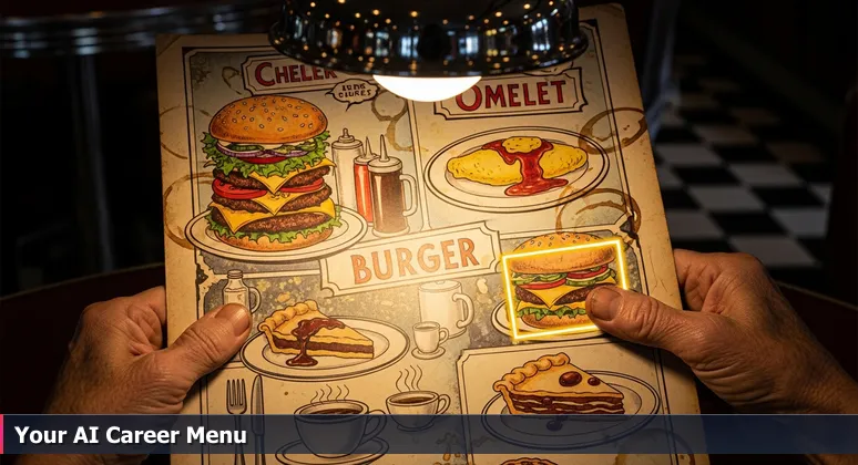 A close-up of hands holding a thick diner menu at a classic diner, symbolizing the many AI engineering job opportunities in Clarksville, TN for 2026.