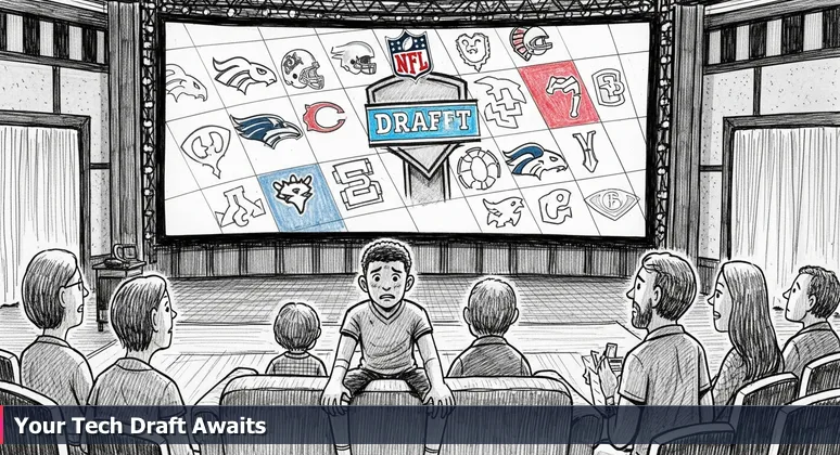 A young adult in a Clarksville-themed green room, anxiously awaiting tech career opportunities on a draft board screen.